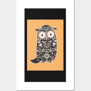 Black and White Folk Art Owl on Yellow Floral Background Posters and Art